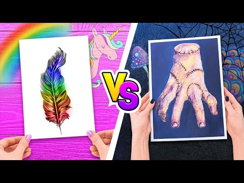 Unicorn VS Goth || Rainbow VS Total Black! || Draw like #Wednesday