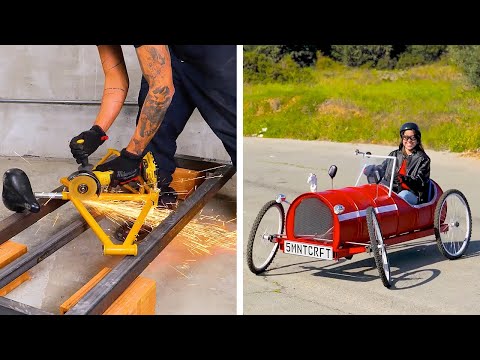 Bike VS Car. Vintage Racing Car or Standing Bicycle? Crafts and hacks